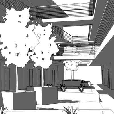 Architectural rendering of courtyard for Veteran housing 